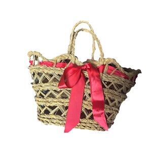 Straw beach bag Cute Retro Open Weave Red Ribbon